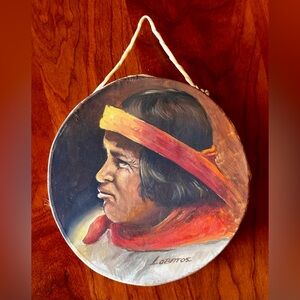 Vintage Handmade Native American Hand-Painted Musical Drum Signed by Lobatos.